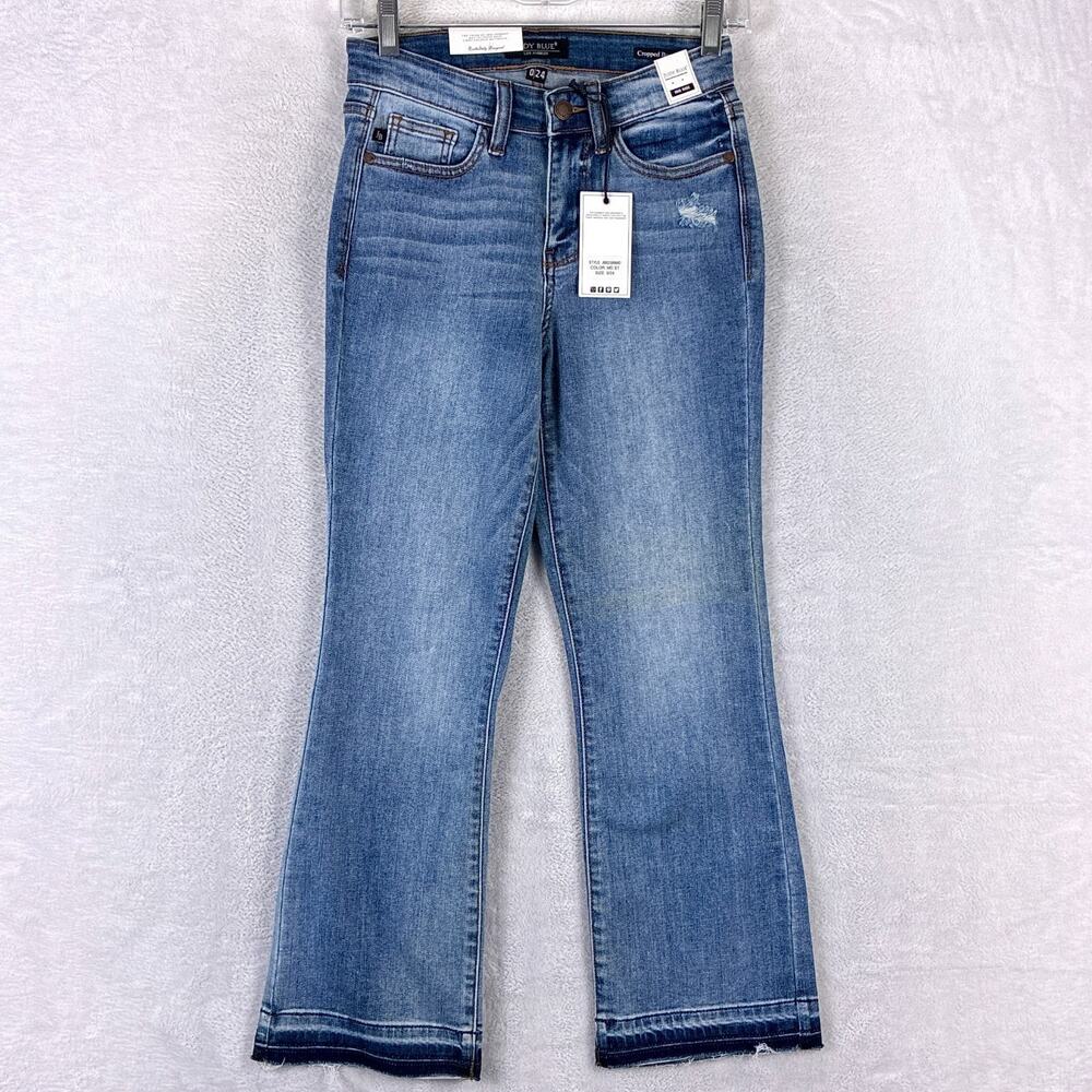 Judy Blue Jeans Womens 0/24 Faded Whiskered Crop Boot Mid Rise Tummy Control